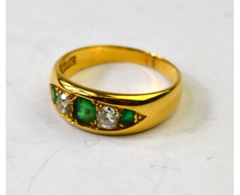 An emerald and diamond five stone ring, 18ct yellow gold boat shaped setting, size K 1/2 (sizeable)   Condition Report  Emera