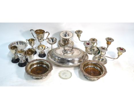 A pair of Old Sheffield Plate bottle coasters, to/w a pair of plated on copper three-sconce candelabra, small electroplated c