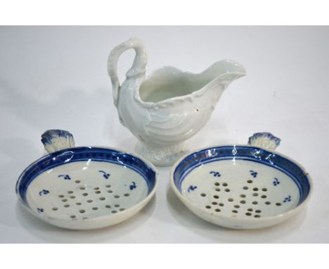 A pair of English blue and white egg drainers, each one of typical circular and reticulated form, 11cm long; together with an