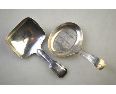 A George III silver caddy spoon with bright-cut handle and oval dished bowl with wriggle-work decoration, Thomas Willmore, Bi