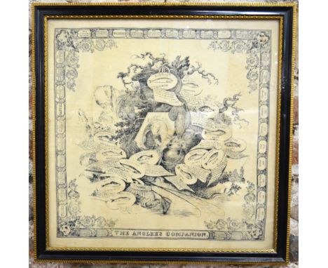 A 19th century printed silk handkerchief 'The Anglers Companion', the central design with portrait of Isaac Walton, surrounde