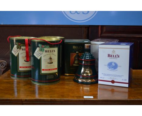 Six Bells Old Scotch Whisky Wade Christmas decanters, un-opened with contents, 1989-1991, 1993, 2001 & 2002, 3 x 75cl, 3 x 70