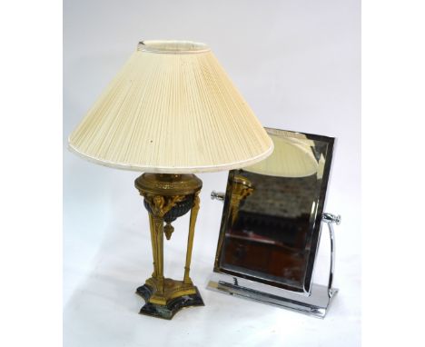 An Egyptian Revival style gilt metal table lamp to/w a chrome plated table top mirror (2)