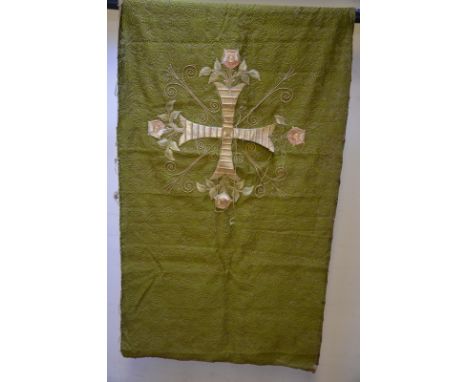 A green brocade altar cloth and three wool-worked tapestry panels (for seat upholstery)