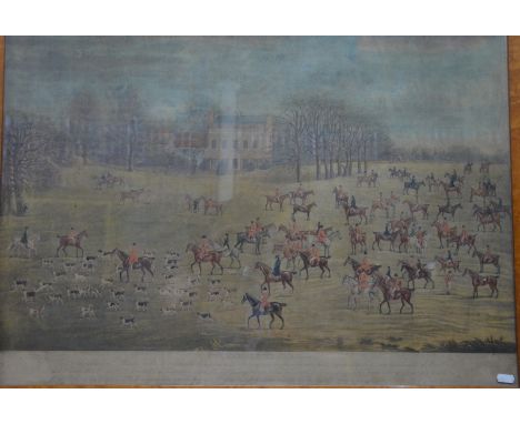 18th century hand coloured hunting engraving of 'The Hampshire Hunt', depicting Hinton House, 52 x 75 cm