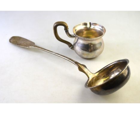 A 19th century Austro-Hungarian 13 lothige hot milk/toddy jug with wooden handle, dated 1834, to/w an 18th century fiddle pat