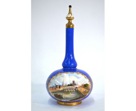 A 19th century Chamberlain's Worcester bottle of water sprinkler form, blue ground decorated with a view of Worcester Cathedr