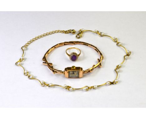 A vintage 9ct rectangular cocktail watch on 9ct expanding bracelet to/w amethyst and diamond cluster ring, gilt metal and imi