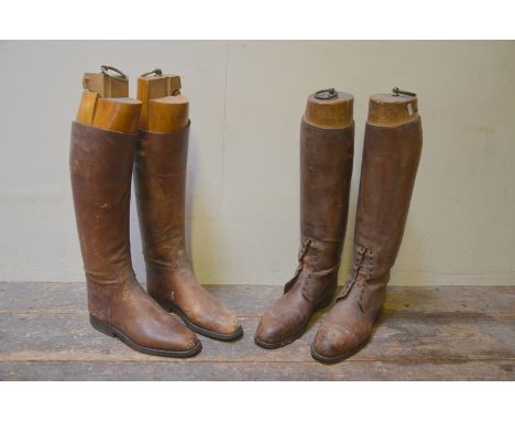 Two pairs of vintage tan leather gentleman's boots both with sectional boot trees with brass pulls (one pair possibly WW1 mil