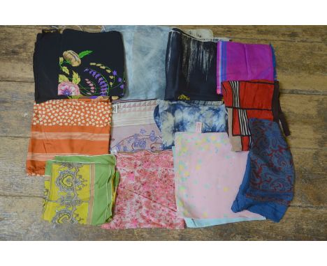 A collection of mostly silk vintage ladies scarves, to/w twelve French machined silk long neck scarves with fringed ends