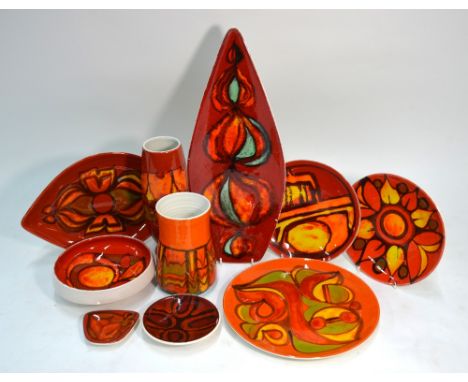 Poole Pottery Delphis wares comprising:  a boat shaped dish, shape 82, 43.5 cm; dish, shape 91; two shallow bowls, shape 3; a
