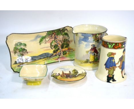 Five Royal Doulton Series Ware items including a jug decorated with 'The Gleaners' pattern, 14.5 cm high, tankard decorated w