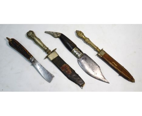 A Mazeppa (Sheffield) hunting knife with 15.5 cm blade, ornate electroplated handle and gilt-tooled leather scabbard, 27 cm o