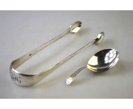 A George III silver bright-cut caddy spoon, Edward Mayfield, London 1801, to/w a pair of plain sugar tongs, Thomas Dicks, Lon