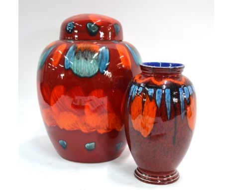 Two Poole Pottery Living Glaze vases, comprising a large ovoid vase and cover decorated by Claire Lenegan, 32 cm high and an 