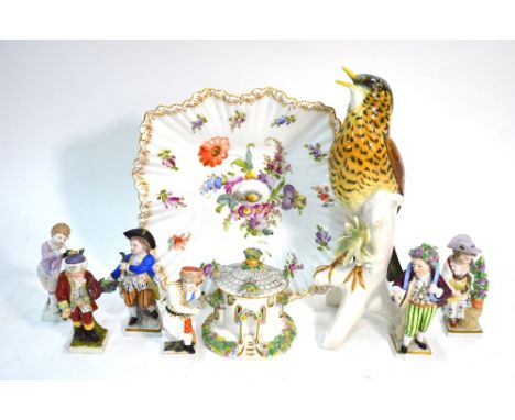 A Dresden fluted dish traditionally decorated with sprigs and floral sprays, 23 x 23 cm to/w a Karl Ens porcelain model of a 