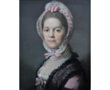 English school - Portrait of a lady in pink ribboned lace bonnett with black lace shawl, oil on canvas, 52 x 42 cm   Conditio