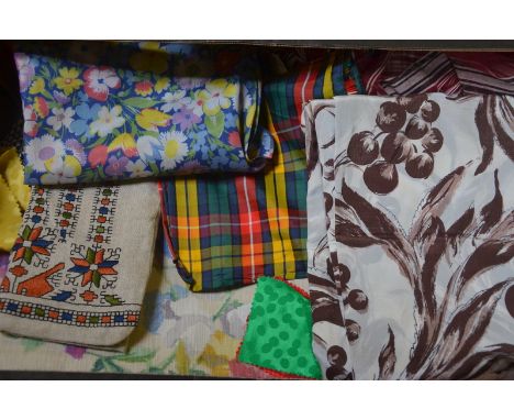 Two boxes of vintage fabrics to include silk, raw silk, silk satin, embroidered pieces etc., etc.