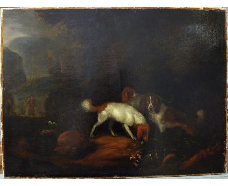 Adriaen Cornelisz Beeldemaker (1618-1709) - A pair of landscapes with hunting dogs, oil on canvas, 42 x 56 cm c/w receipt of 