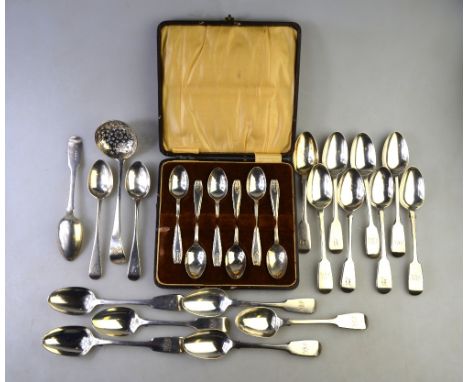 A George III silver OEP sifter ladle, London 1810, to/w a matched set of fifteen fiddle pattern teaspoons, two other teaspoon