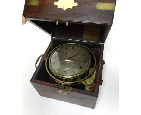 Barraud's, London, a mid 19th century mahogany cased eight day marine chronometer, signed 'Barraud's, London, 932, with chain