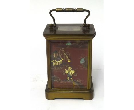 Matthew Norman, London, a brass cased carriage clock, model 1750a, three panels with oriental chinoiserie decoration, with be