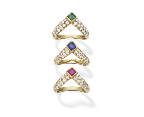VAN CLEEF &amp; ARPELS: THREE DIAMOND AND GEM-SET RINGSV-shaped, set with either a step-cut ruby, emerald or sapphire, and br