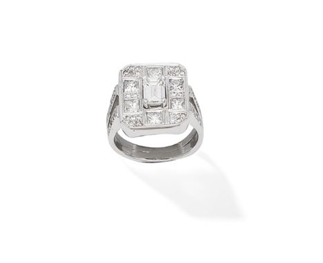 DIAMOND RINGCentrally set with a step-cut diamond, the surround and bifurcated shoulders set with brilliant and princess-cut 
