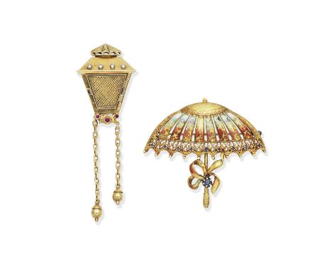 TWO GEM-SET BROOCHES, CIRCA 19501st: The lantern clock accented by single-cut diamonds and circular-cut rubies, opening to re