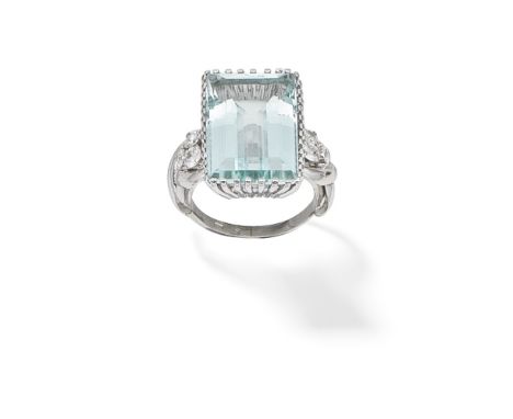 AQUAMARINE AND DIAMOND RINGThe step-cut aquamarine, between brilliant-cut diamond shoulders, ring size approx. MFor further i