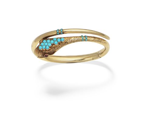 TURQUOISE-SET SERPENT BANGLE, 19TH CENTURYThe hinged and sprung gold bangle with engraved head set with turquoise cabochons a