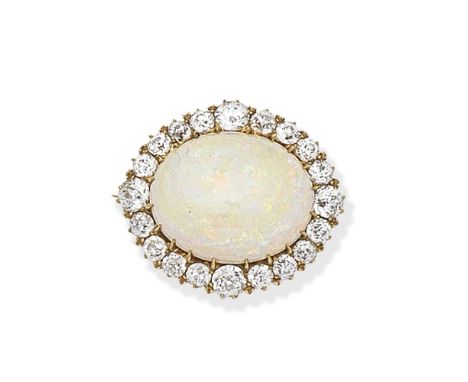 OPAL AND DIAMOND BROOCHThe oval opal cabochon within a surround of old brilliant-cut diamonds,  diamonds approx. 1.70cts tota