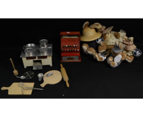 Toys and Juvenalia - a miniature Sigg Switzerland range cooker, four ring top, with assorted pans, rolling pin, whisk, cuttin