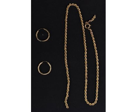 A 9ct gold rope chain (a/f); a pair gold hoop earrings, stamped 9ct; total weight approx 8.6g