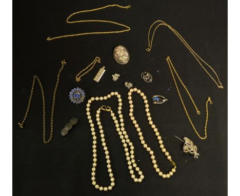 Costume Jewellery - an Art Nouveau silver enamelled bird wishbone brooch; another floral three stone; others paste; gold plat