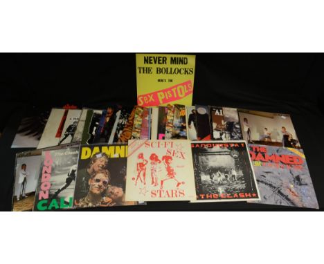 Vinyl records - 12" LPs, Punk/New Wave, The Sex Pistols, Never Mind the Bollocks; The Clash, London Calling; Sandinista!; Dam