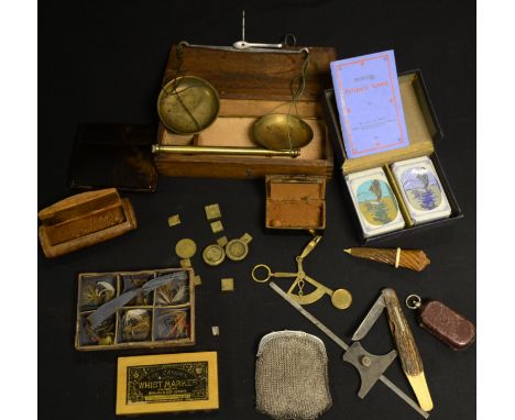 Boxes and Objects - a portable brass balance scale, oak case; a gauge; a brass gauge; snuff boxes; a needle case; a sovereign