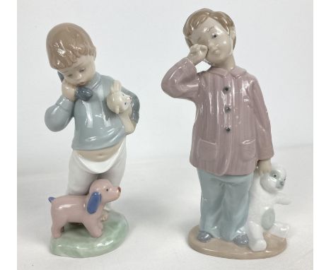 2 retired Nao Spanish ceramic figurines of boys. 1990 "Sleepy Head" figure (approx. 20cm tall) together with 1987 Boy on phon