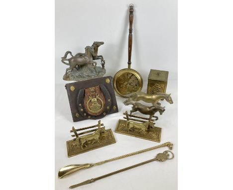 A collection of vintage brass items. To include horse figurines, decorative bed pan, tea caddy, letter racks and a shoe horn.