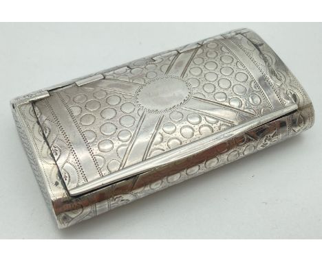 A Georgian silver rectangular cushion form snuff box By William Pugh. Engraved circular, cross and twist pattern throughout a