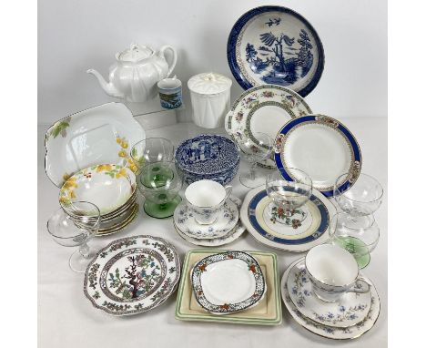 A collection of vintage ceramics and glassware. To include white Shelley teapot and matching lidded canister, 2 x trio's by D