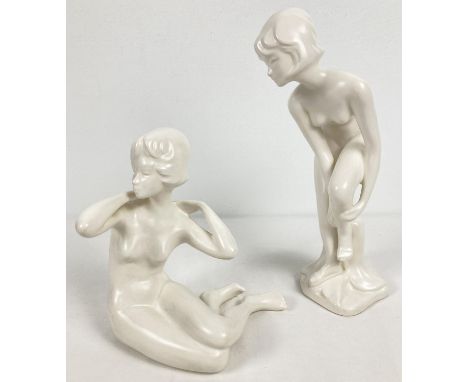 2 vintage Goebel ceramic nude art deco style figures in blanc de chine finish. Taller figure (approx. 27.5cm) has blue Goebel