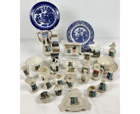 A box of assorted vintage ceramics to include Willow pattern and crested ware. Lot includes a collection of Walton-0n-Thames 
