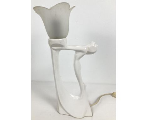 A modern Phoenix Pottery blanc de chine table lamp in an Art Deco style with a nude figure. Dated to underside 1992, model No