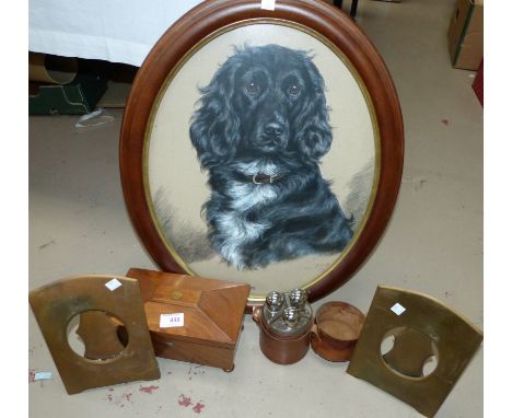 A water colour of a dog, signed; a walnut tea caddy; a gent's leather cased toilet set; a pair of early 20th century brass ph