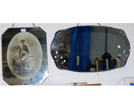 A 1930's wall mirror with portrait photograph of a drummer boy in the Manchester Regiment; another Art Deco mirror