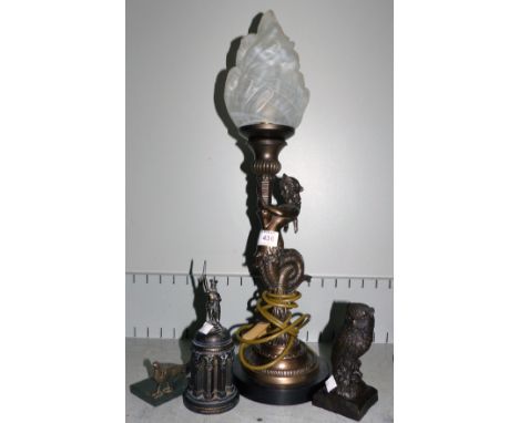 A modern bronzed  table lamp with mermaid column and flame shade; a bronzed owl and pheasant; a cast model Hermannsdenkmal Tr