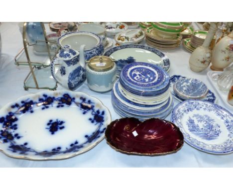 An Edwardian Carltonware biscuit barrel; a Carltonware Rouge Royale dish; a large collection of willow pattern and other blue