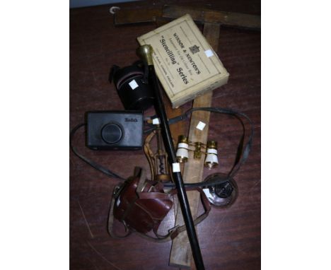 A Heeley's double lever corkscrew; a walking stick with silver plated top; a watercolour set in original box; 2 'T' square ru