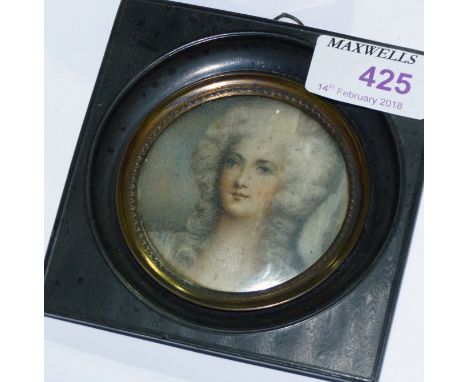 19th Century:  head and shoulders portrait of an 18th century lady, miniature on ivory, framed